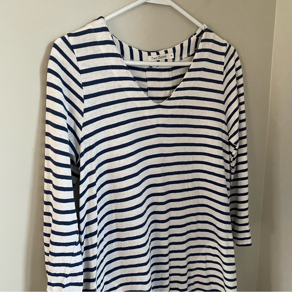 Two Danes Hemp Cotton Striped Blue & White Coastal Dress Size XS Cottagecore - Picture 3 of 11